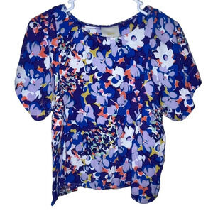 Maeve Anthropologie Milla Blue Floral Blouse Short Sleeve Top Size XS Colorful